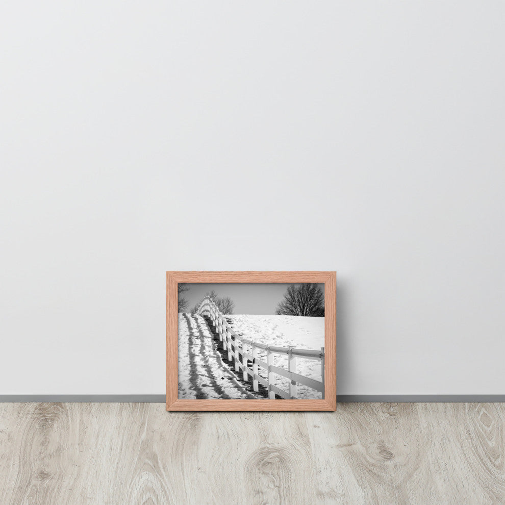 Endless Fences in Black & White Rural Landscape Framed Photo Paper Art Prints, Red Oak, 8" X 10"