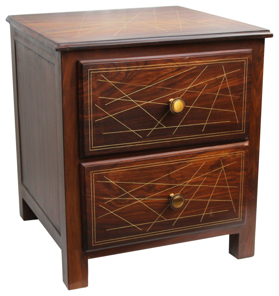 Natural Geo Rosewood Square End Table Abstract Golden Brass Inlay