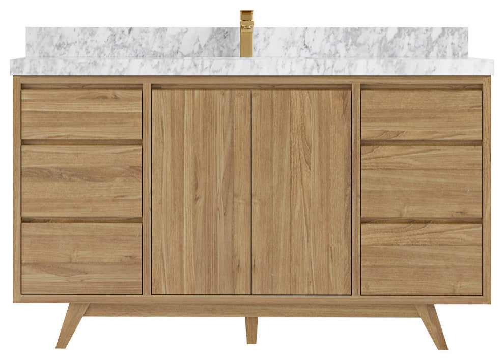 Madison  Teak 60 Single Bathroom Vanity Golden Teak 2" Carrara Marble