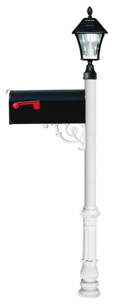 Post W/ Economy #1 Mailbox, Ornate Base In White Color With Black Solar Lamp