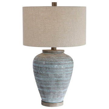 Rustic Bohemian Round Aqua Blue Gray Table Lamp, Ceramic Vintage Style Cottage