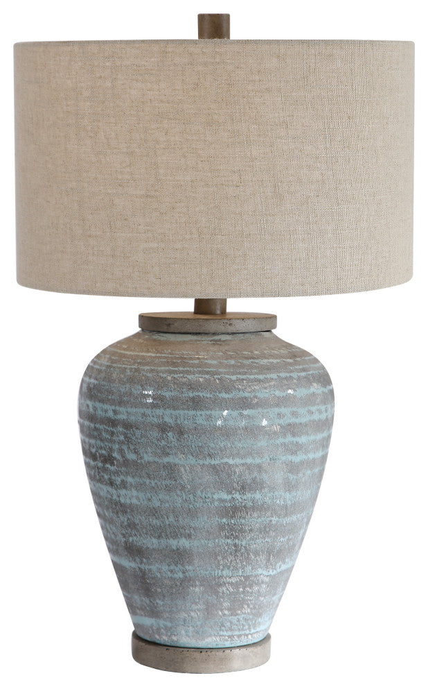 Rustic Bohemian Round Aqua Blue Gray Table Lamp, Ceramic Vintage Style Cottage