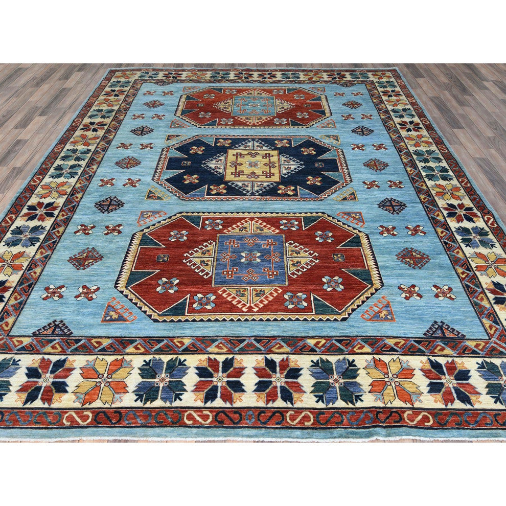 Sky Blue, Caucasian Design 200 KPSI Wool Hand Knotted Oriental Rug, 9'x11'8"