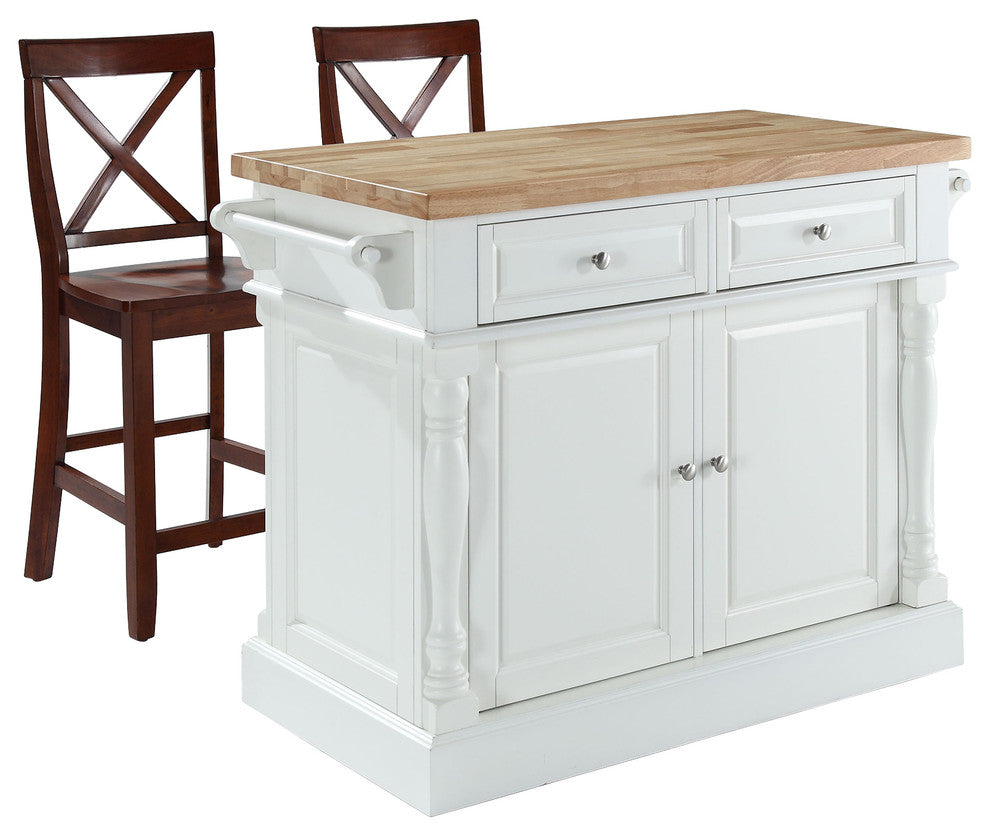Butcher Block Top Kitchen Island, White Finish With 24" Black X-Back Stools