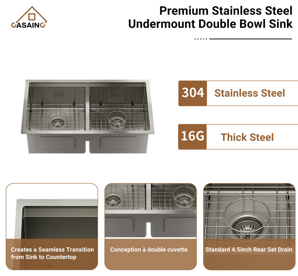 33in Stainless Steel Double Bowl Undermount Workstation Kitchen Sink/ Faucet, Brushed Nickel