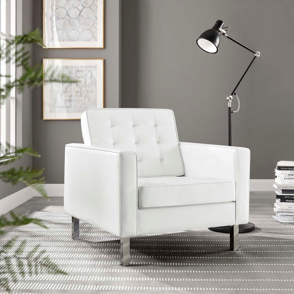 Modern Lounge Accent Side Chair Armchair, Faux Vinyl Leather, Black Silver, White