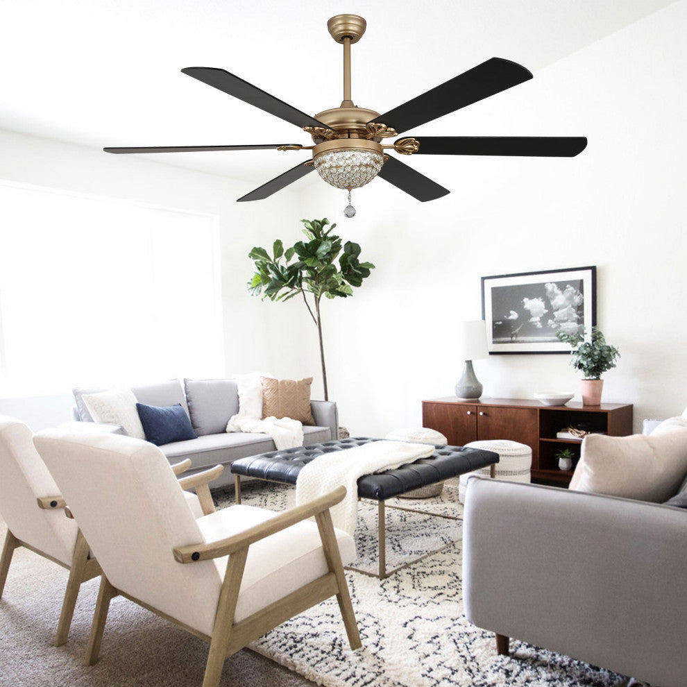 65" Modern Crystal Ceiling Fan with Dimmable LED Light and Remote, Black