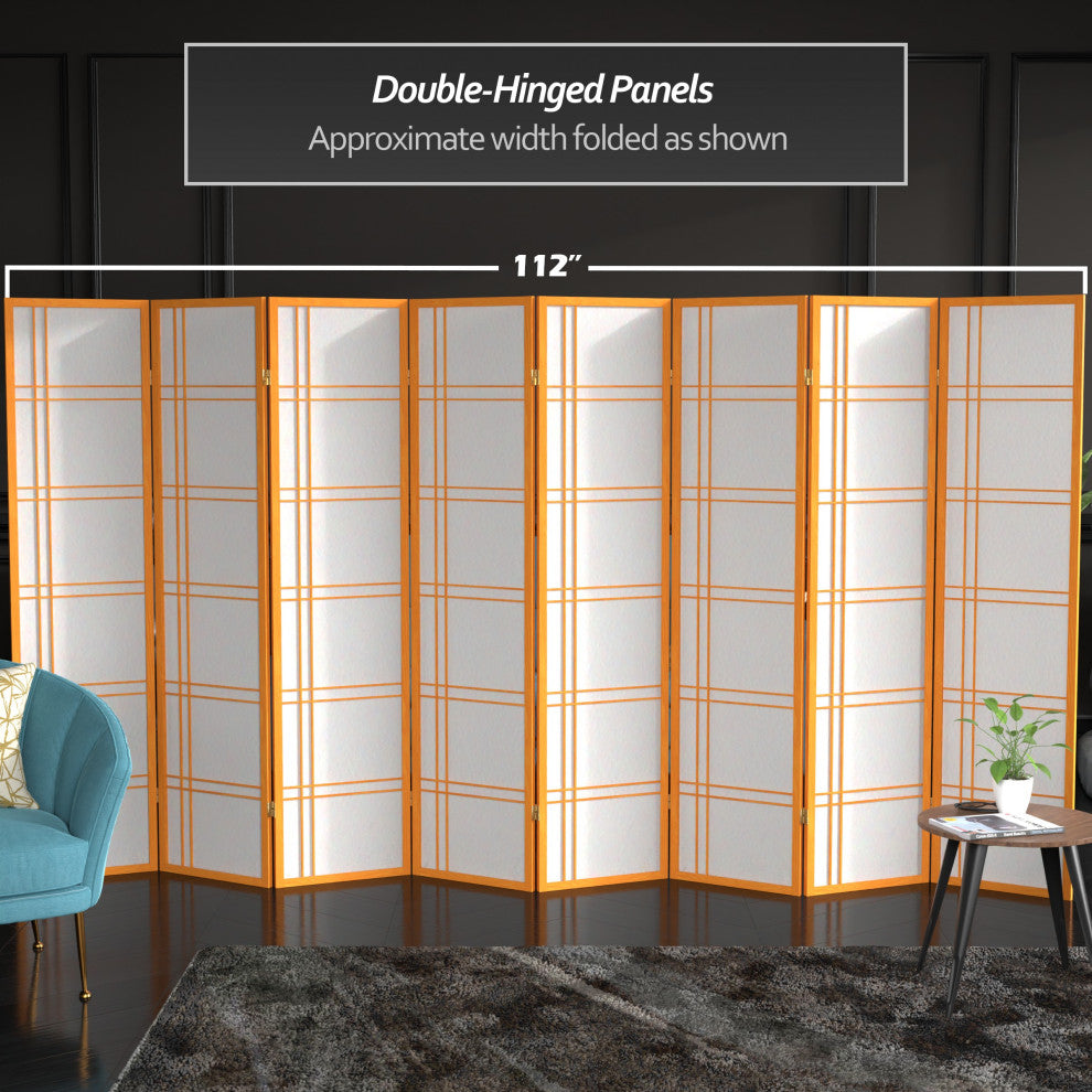 6' Tall Double Cross Shoji Screen, Honey, 8 Panels