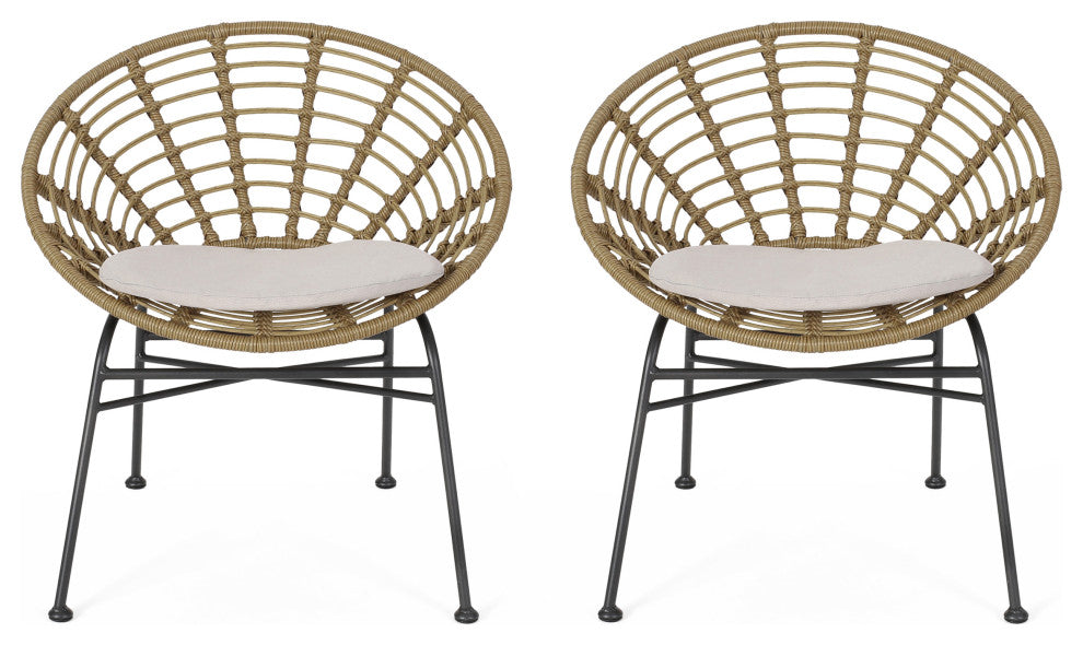 Mia Outdoor Wicker Dining Chair with Cushion, Set of 2, Light Brown, Black, Beige