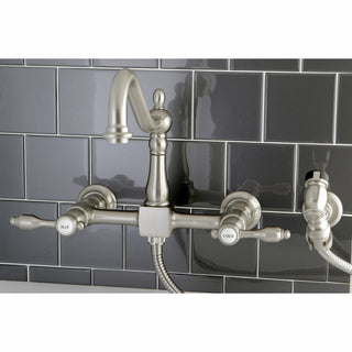 Kingston Brass Wall Mount Bridge Kitchen Faucet With Brass Sprayer, Brushed Nick