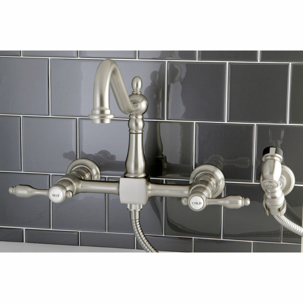 Kingston Brass Wall Mount Bridge Kitchen Faucet With Brass Sprayer, Brushed Nick