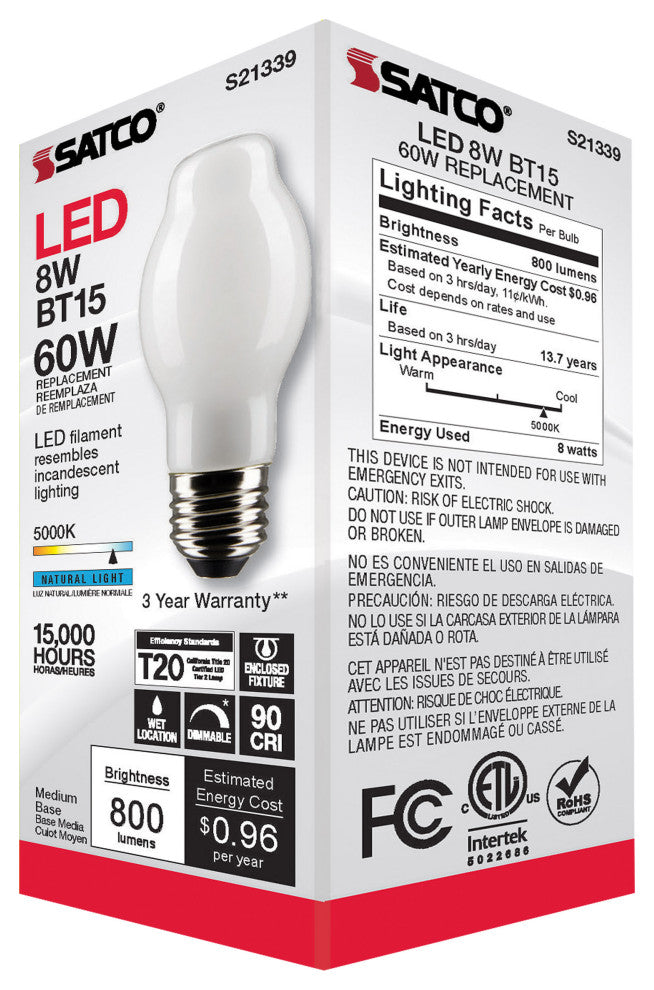 8W BT15 LED, White, Medium Base, 90 CRI, 5000K, 120V