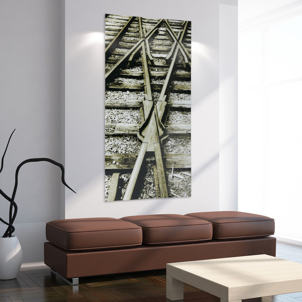 "Crossroads" Train Tracks Wall Art Frameless Free Floating Tempered Glass 72"x36