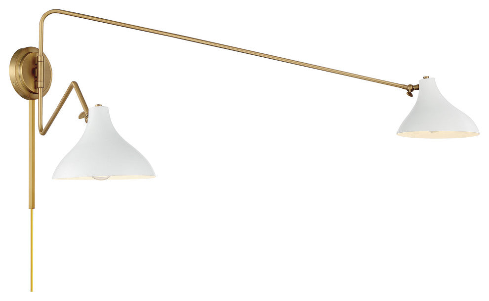 2-Light Wall Sconce, Matte Black With Natural Brass, White With Natural Brass