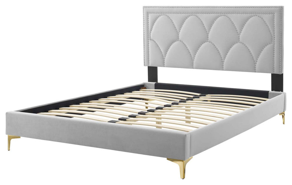 Platform Bed Frame, Nailhead, Queen Size, Gray, Velvet, Modern