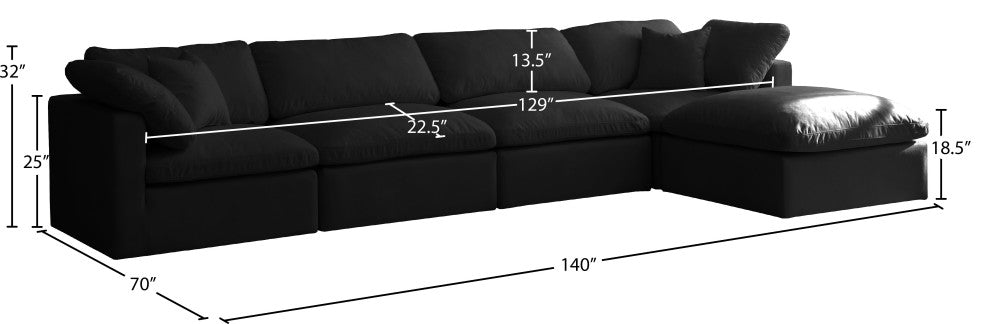 Plush Velvet / Down Standard Comfort L-Shaped Modular Sectional, Black, 5-Piece: 2 Armless Chair, 2 Corner Chair, 1 Ottoman