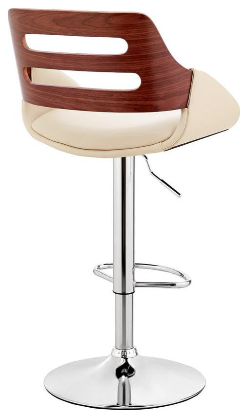 Karter Adjustable Cream Faux Leather and Walnut Wood Bar Stool with Chrome Base