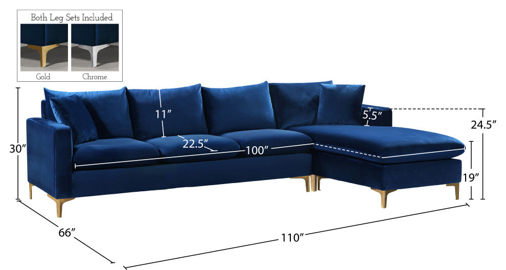 Naomi 3-Piece Velvet Upholstered Reversible Sectional, Navy
