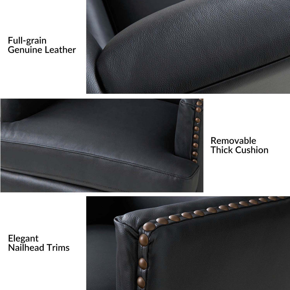 30"W Mid-Century Style Genuine Leather Armchair With Solid Wood Frame, Black