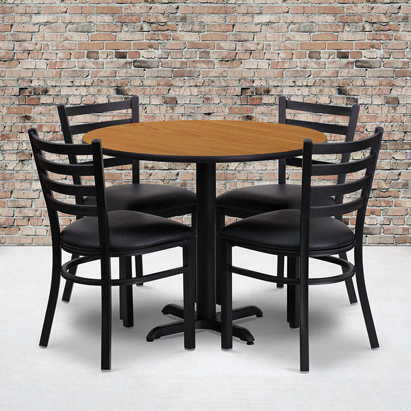 36'' Round Natural Laminate Table, 4 Ladder Back Metal Chairs, Black Seat