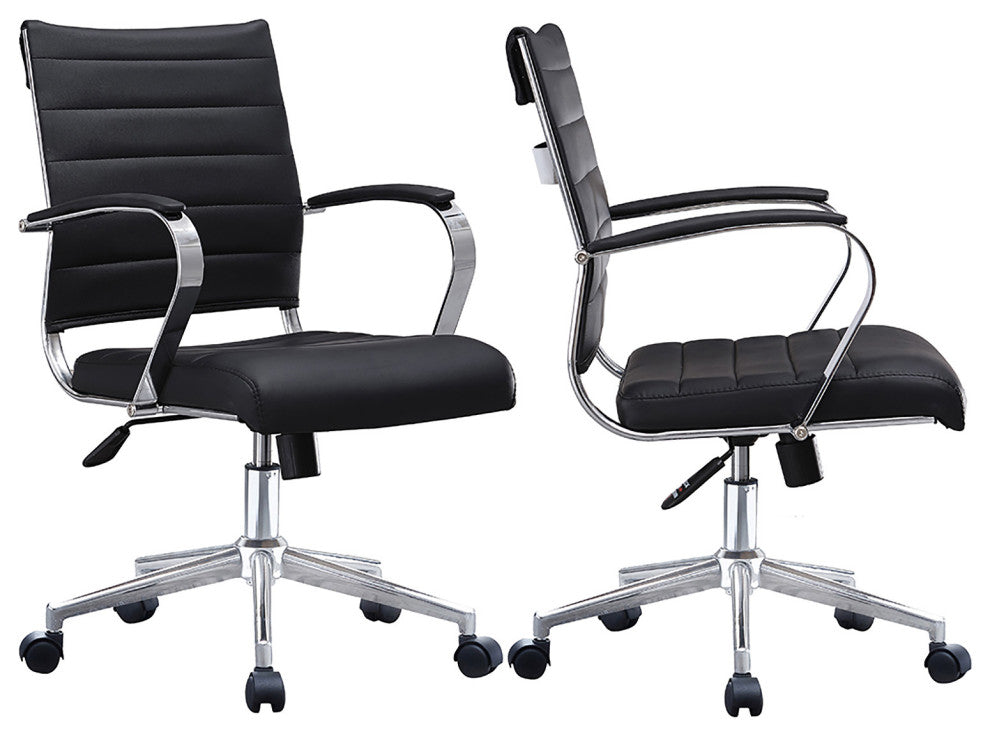 Set of 2 Mid Back Swivel Ribbed PU Leather Office Arm Chair Modern Ergonomic, Black