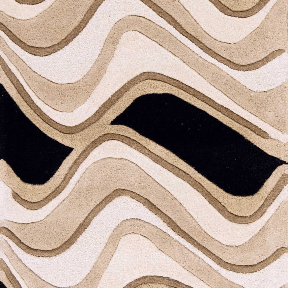 2' X 7' Black Or Beige Abstract Waves Wool Runner Rug