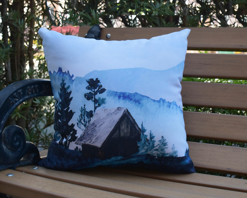 Cabin in the Woods Blue Holiday Print Decorative Outdoor Throw Pillow, 16"