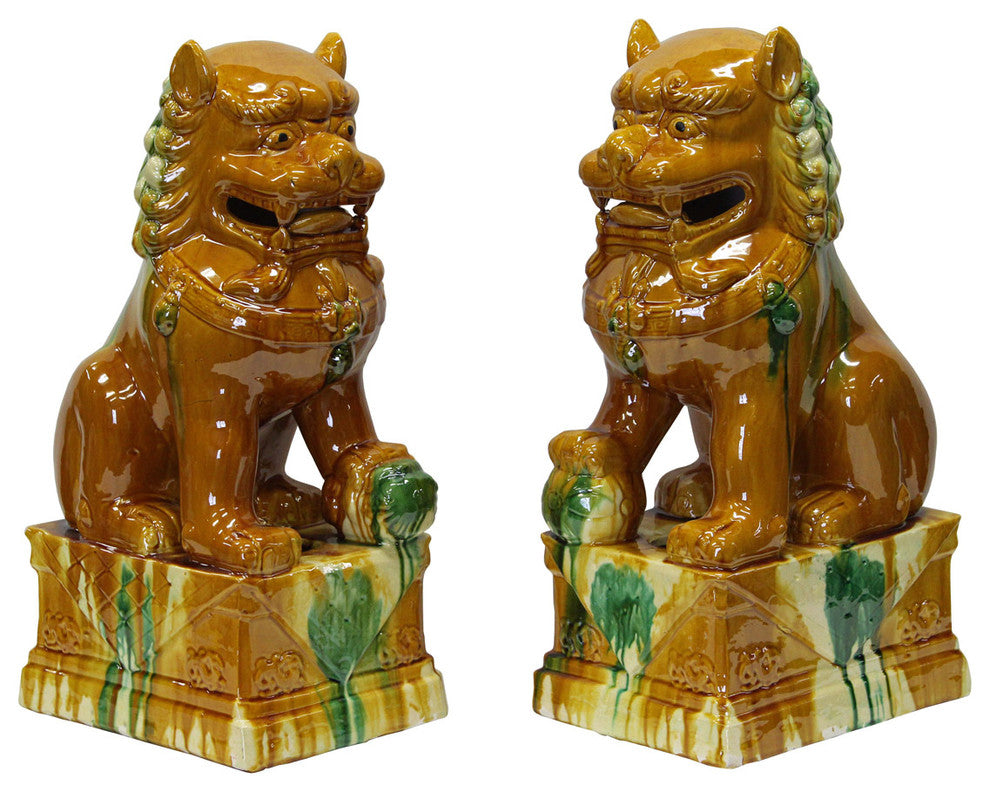 Chinese Yellow Color Glaze Ceramic Fengshui Foo Dog Figures cs2368, 2-Piece Set