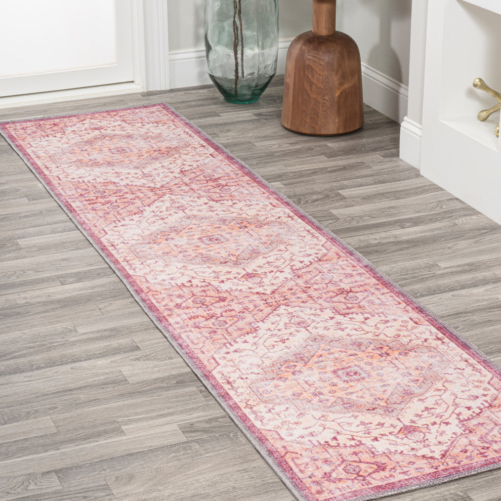 Alacati Ogee Medallion Machine Washable Indoor Area Rug, Red/Orange/Cream, 2 X 8