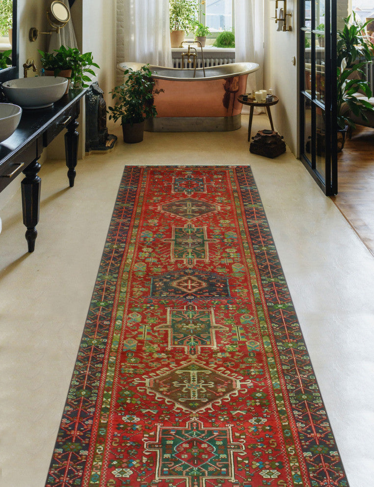 Fine Vintage Distressed Aekley Red/Navy Runner, 3'11x13'5