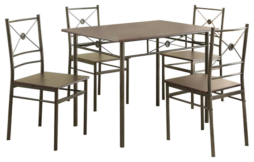 5 Piece Rectangular Dining Set, Dark Bronze and Walnut