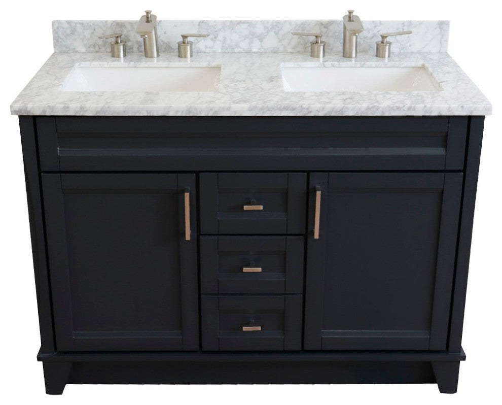 48" Double Sink Vanity, Dark Gray Finish With White Carrara Marble