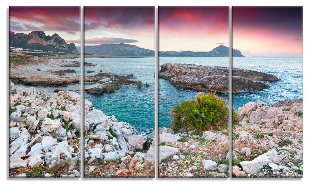 Nature Reserve Monte Cofano, Landscape Canvas Art Print, 48"x28", 4 Panels