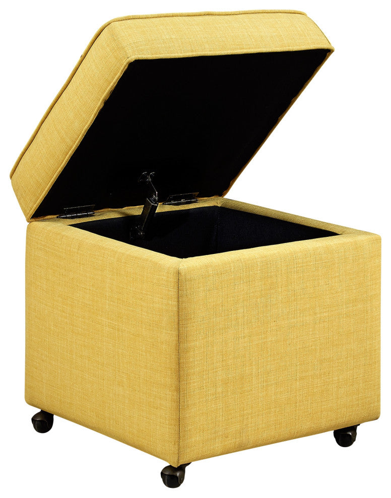 Lionel Linen Hidden Storage Castered Legs Ottoman Cube, Yellow