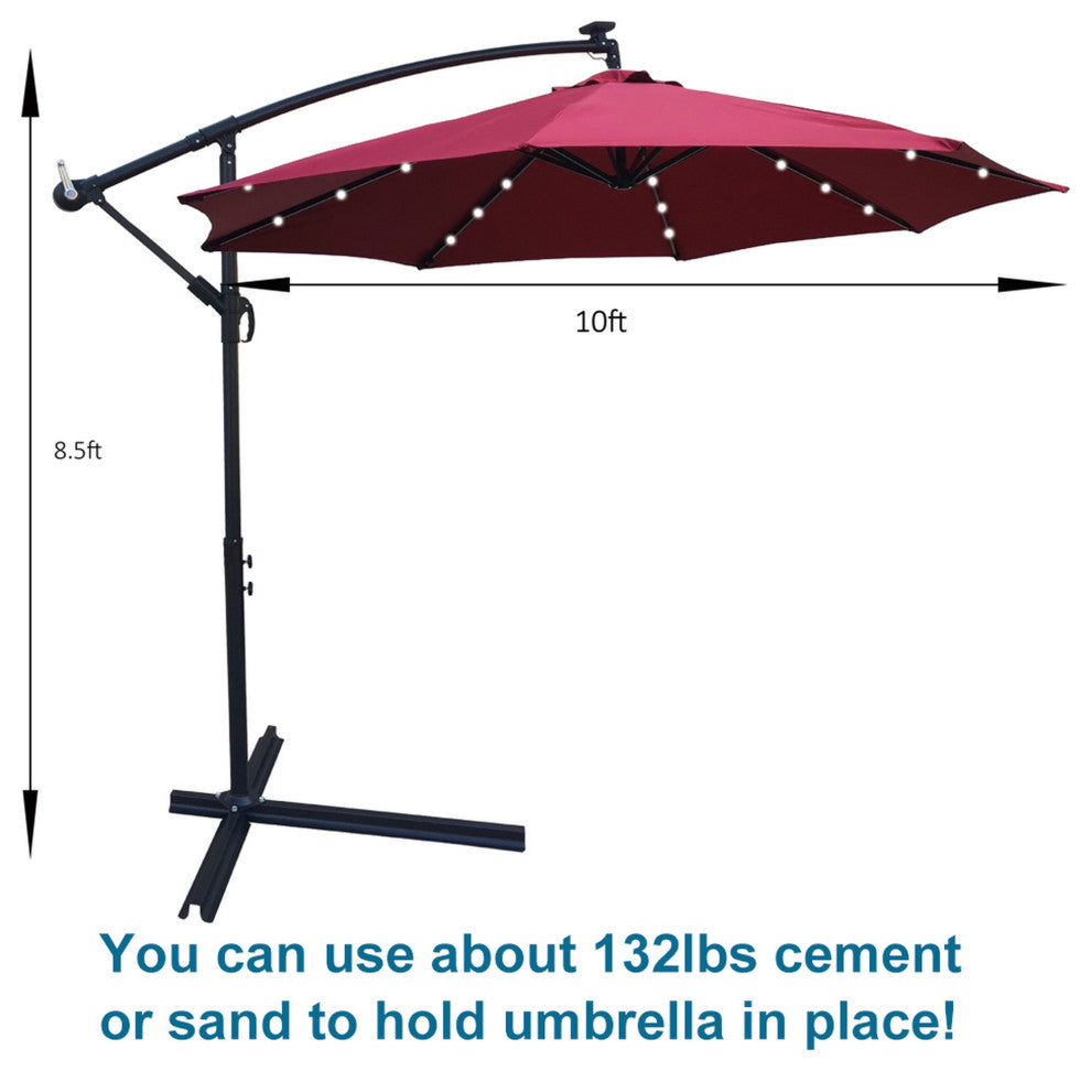 10' Steel Patio Umbrella Outdoor Market With Crank and LED Lights, Dark Red