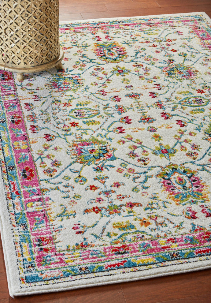8" x 9" White and Red Bohemian Area Rug