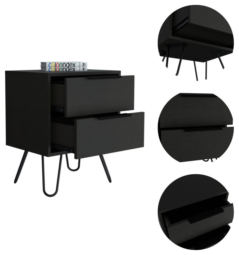Nuvo 22-inch Tall Nightstand, 2 Drawers, and Hairpin Legs, Black Wenge