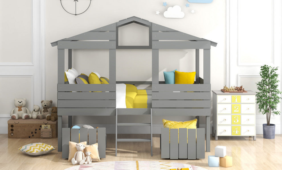 Twin Size Loft Bed With Two Drawers Windows And Roof Design Gray