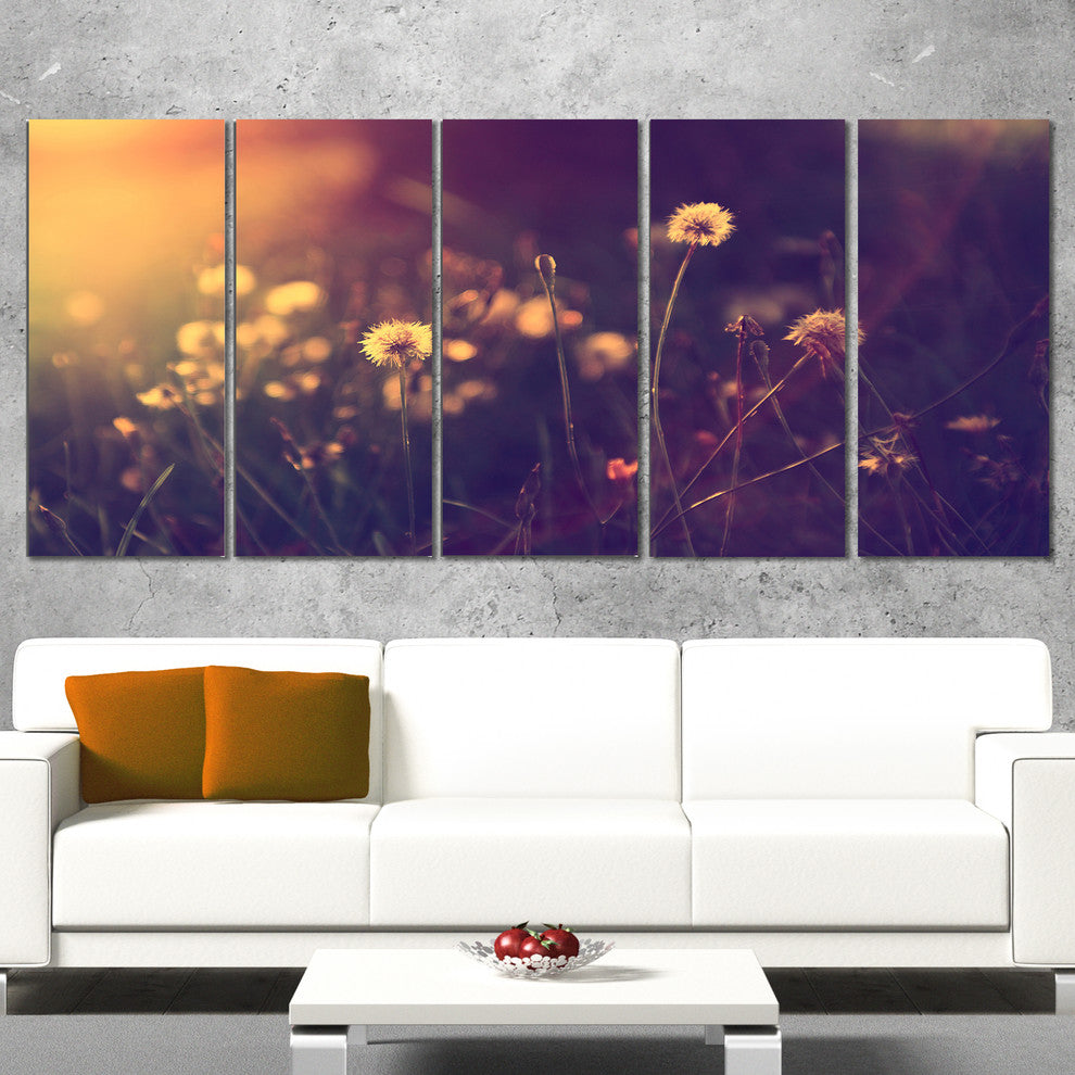Vintage Dandelion Meadow Photo, Large Floral Canvas Art Print, 60"x28", 5 Panels