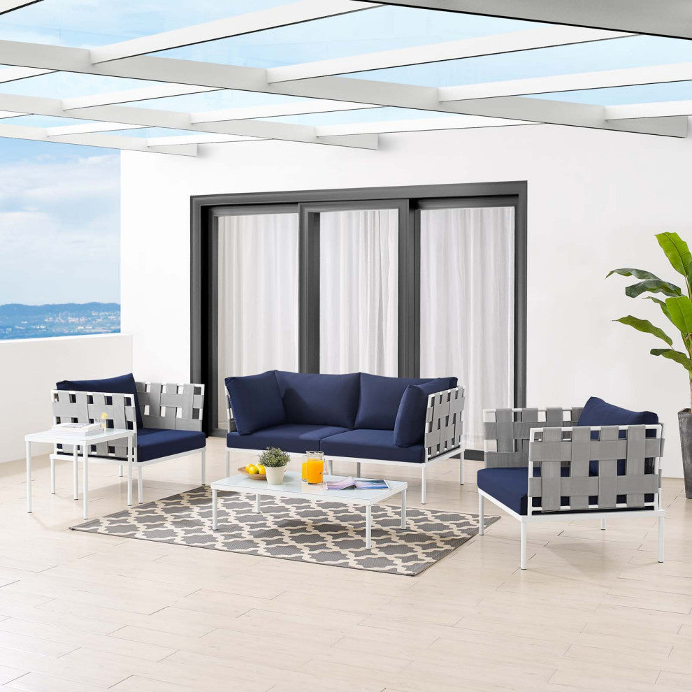 Sectional Sofa Chair Table Set, Sunbrella, Aluminum, Gray Blue Navy, Outdoor
