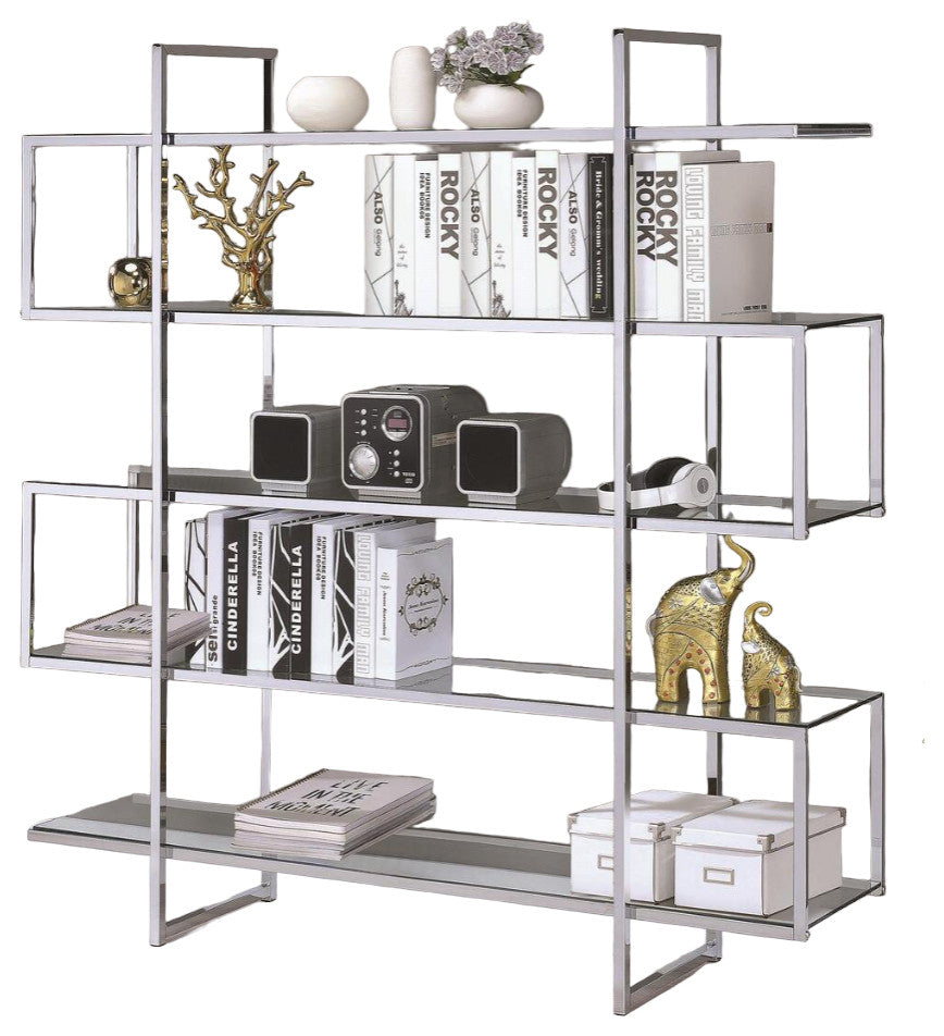 Contemporary Bookcase, Geometric Design With Chrome Frame & Clear Glass Shelves
