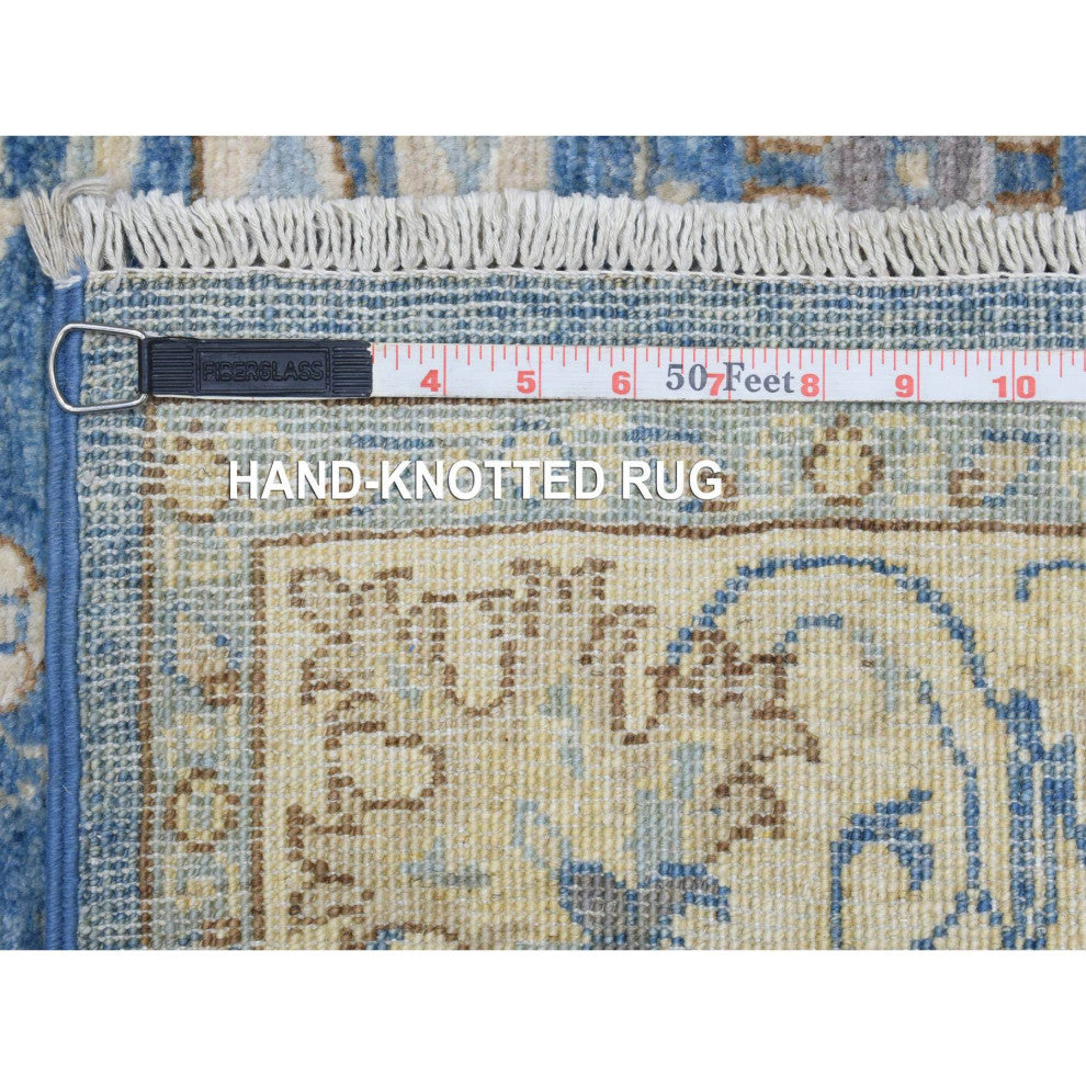 Sapphire Blue Fine Peshawar Soft Wool Hand Knotted Wide Runner Rug, 3'9"x13'3"