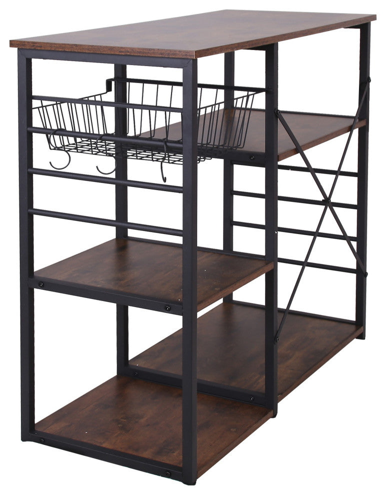 Wood and Metal Bakers Rack with 4 Shelves and Wire Basket, Brown and Black