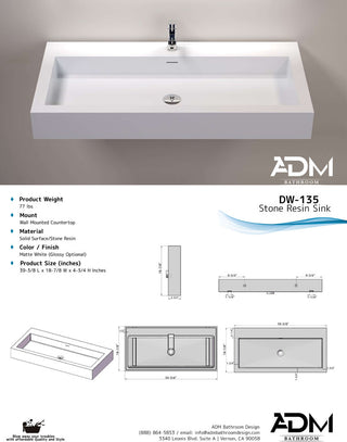 ADM Double Rectangular Wall Mounted Sink, White, 39", Matte White