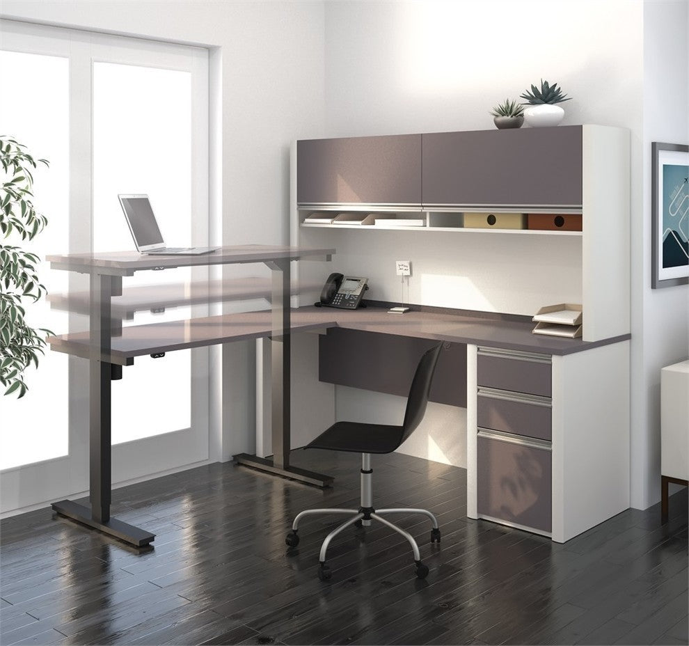 L-Desk With Hutch Including Electric Adjustable Table