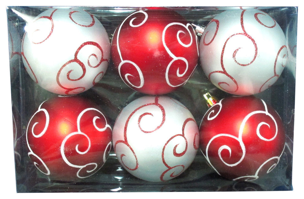 6-Pack Red And White Ball Ornament With Swirl Design