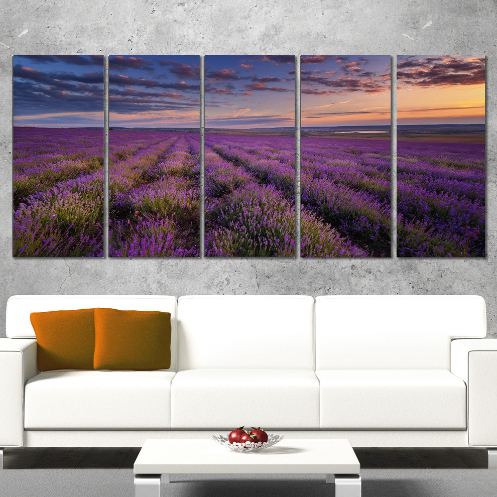 Dark Lavender Field with Cloudy Sky, Floral Canvas Art Print, 60"x28", 5 Panels