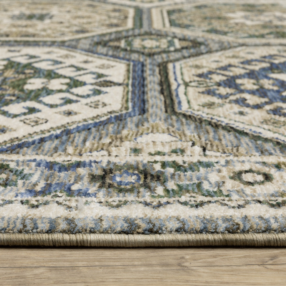 Hanford Panel Medallion Ivory/Blue Fringe Edge Area Rug 6'7" x 9'6"