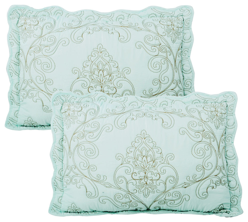 Damask Embroidered Quilted 4 Piece Bed Spread Sets, Light Blue, King