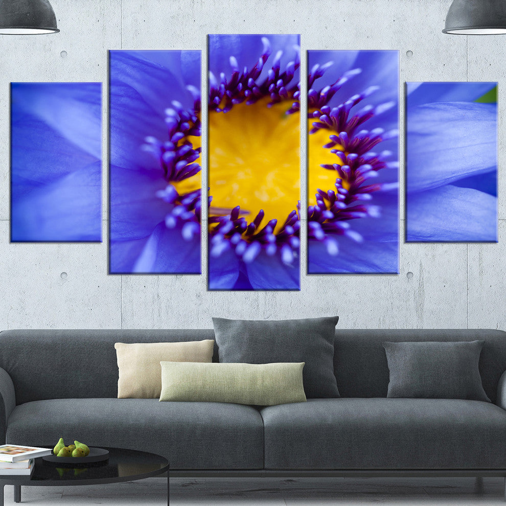 Blue Lotus Close up Watercolor, Flowers Canvas Wall Artwork, 60"x32", 5 Panels